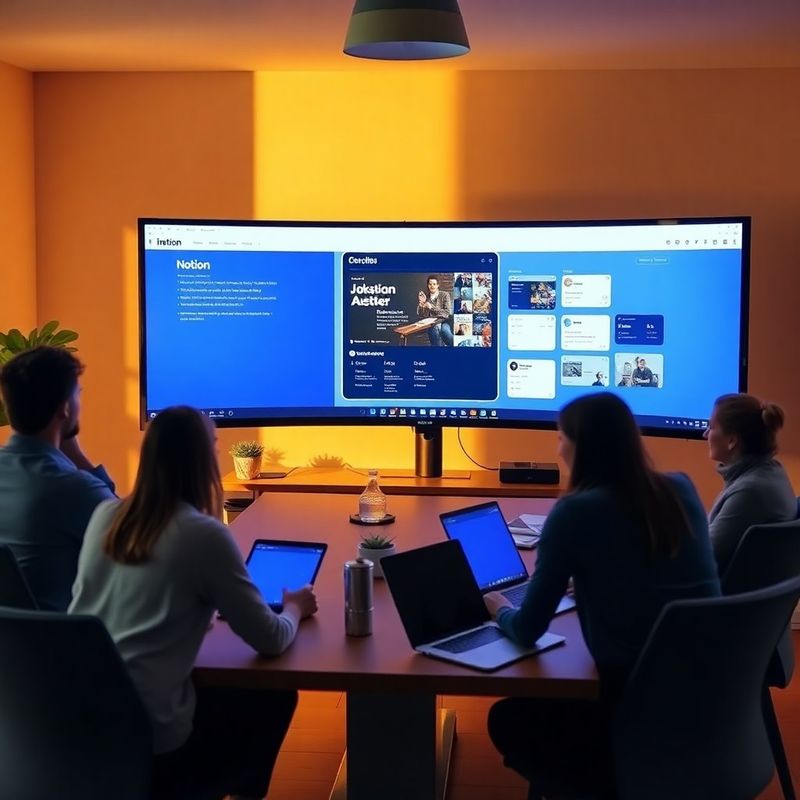 Pequeño equipo en un taller alrededor de un monitor con un tablero editorial