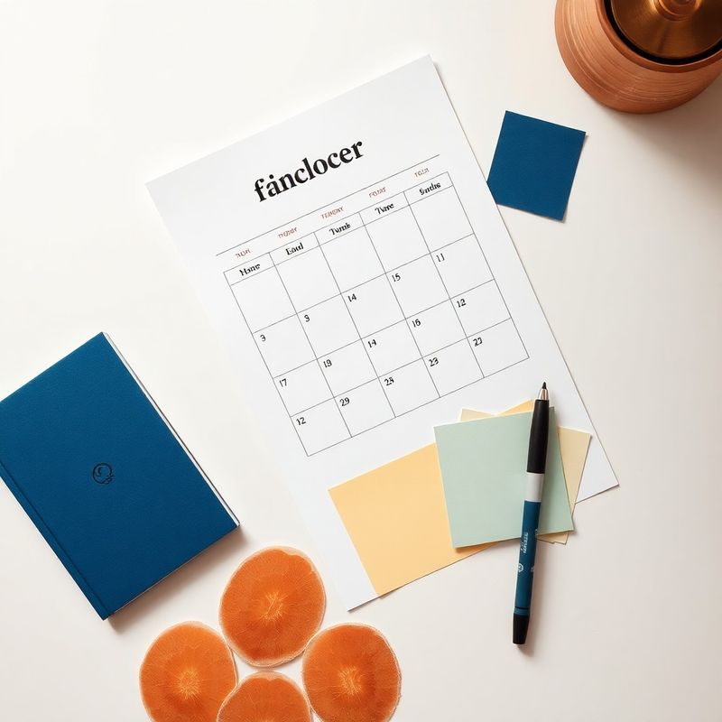 Calendario editorial impreso con notas adhesivas en tonos índigo