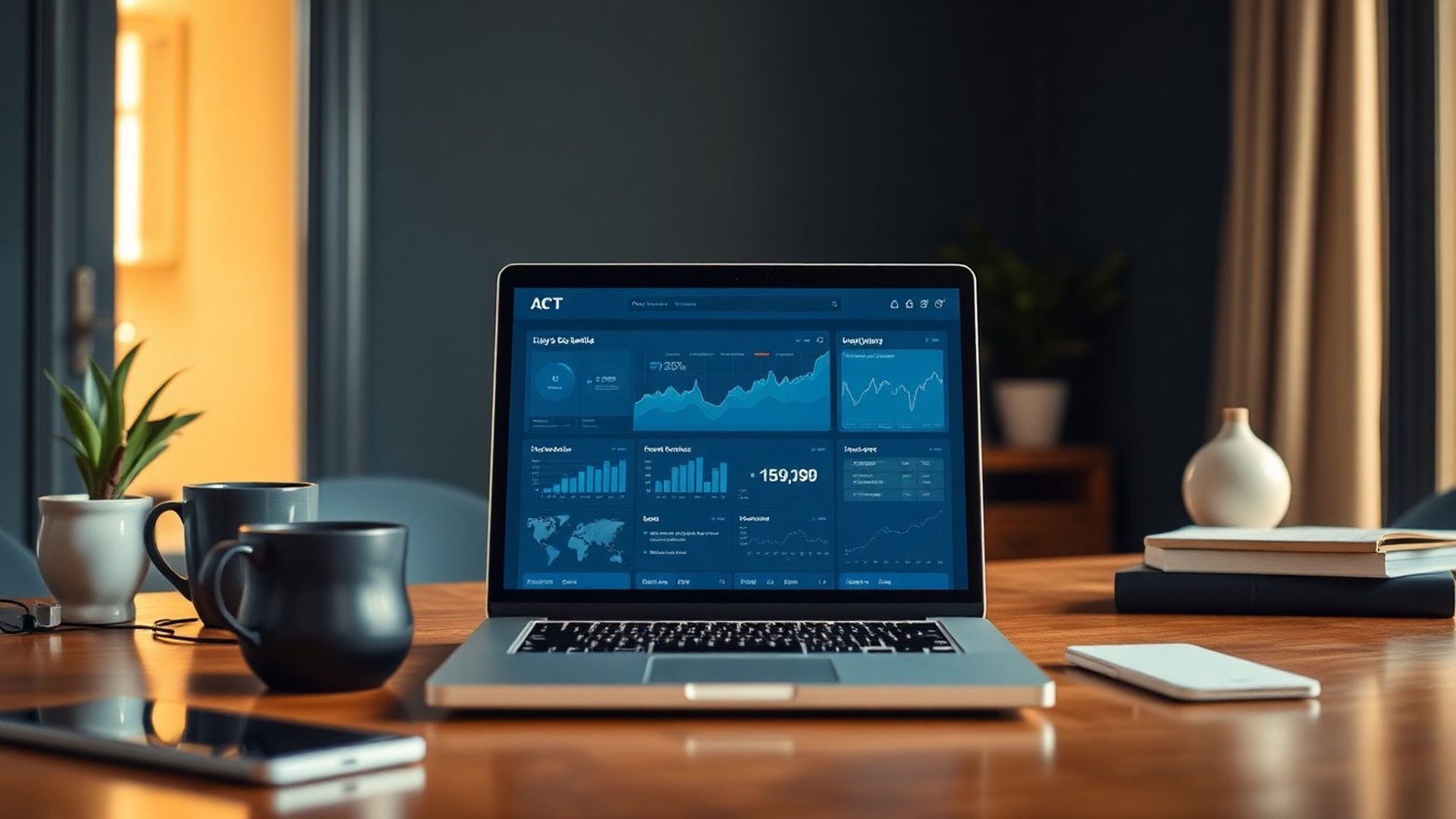 Escritorio editorial con panel de datos en tonos índigo